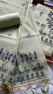 Chic Chronicles Green Warli Muga Cotton Unstitched Suit Set